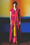 Clos_Maroon Linen, Silk V-neck Designer Deep Red Jumpsuit _Online_at_Aza_Fashions