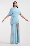 Shop_Deme By Gabriella_Blue Net High Neck Baby Draped Fluid Dress _Online_at_Aza_Fashions