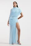Buy_Deme By Gabriella_Blue Net High Neck Baby Draped Fluid Dress _at_Aza_Fashions