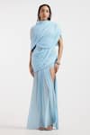 Deme By Gabriella_Blue Net High Neck Baby Draped Fluid Dress _at_Aza_Fashions