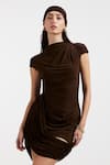 Deme By Gabriella_Brown High Neck Fleur Designer Ruched Dress _Online_at_Aza_Fashions