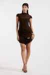 Shop_Deme By Gabriella_Brown High Neck Fleur Designer Ruched Dress _Online_at_Aza_Fashions