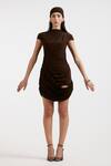 Deme By Gabriella_Brown High Neck Fleur Designer Ruched Dress _at_Aza_Fashions