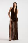 Buy_Deme By Gabriella_Brown Halter Neck Expresso Draped Gown _at_Aza_Fashions