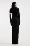Shop_Deme By Gabriella_Black Brooches Open Neck Draped Designer Dress _at_Aza_Fashions
