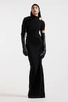 Buy_Deme By Gabriella_Black Brooches Open Neck Draped Designer Dress _at_Aza_Fashions