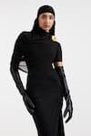 Deme By Gabriella_Black Brooches Open Neck Draped Designer Dress _at_Aza_Fashions