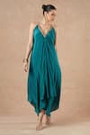 Buy_Dori & CO._Teal Silk, Crepe Metallic Thread V-neck Blue Designer Dress _at_Aza_Fashions