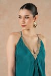 Dori & CO._Teal Silk, Crepe Metallic Thread V-neck Blue Designer Dress _Online_at_Aza_Fashions