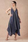 Buy_Dori & CO._Blue Tissue, Silk Embroidery V-neck Metal Hand Dress _at_Aza_Fashions