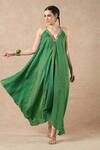 Buy_Dori & CO._Emerald Green Silk, Tissue Embroidery V-neck Designer Dress _at_Aza_Fashions