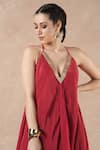 Dori & CO._Red Embroidery V-neck Ruby Silk Crepe Dress _Online_at_Aza_Fashions