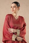 Dori & CO._Red Silk, Tissue Embroidery V-neck Ruby Metal Hand Kurta Set _Online_at_Aza_Fashions
