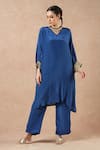 Buy_Dori & CO._Sapphire Embroidery V-neck Blue Silk Crepe Set _at_Aza_Fashions