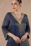 Buy_Dori & CO._Blue Tissue, Silk Embroidery V-neck Midnight Metal Kurta Set _Online_at_Aza_Fashions