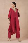 Buy_Dori & CO._Red Embroidery V-neck Ruby Silk Crepe Kurta And Pants Set _Online_at_Aza_Fashions
