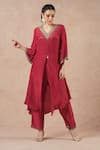Buy_Dori & CO._Red Embroidery V-neck Ruby Silk Crepe Kurta And Pants Set _at_Aza_Fashions