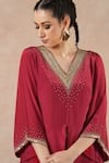 Shop_Dori & CO._Red Embroidery V-neck Ruby Silk Crepe Kurta And Pants Set _Online_at_Aza_Fashions