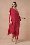 Buy_Dori & CO._Red Embroidery Asymmetric Ruby Metal Hand Kaftan _at_Aza_Fashions
