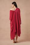 Shop_Dori & CO._Red Embroidery Asymmetric Ruby Metal Hand Kaftan _at_Aza_Fashions