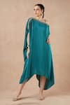 Buy_Dori & CO._Teal Embroidery Off-shoulder Blue Metal Hand Kaftan _at_Aza_Fashions