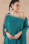 Buy_Dori & CO._Teal Embroidery Off-shoulder Blue Metal Hand Kaftan _Online_at_Aza_Fashions