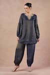 Buy_Dori & CO._Blue Tissue, Silk Embroidery Split V-neck Metal Hand Kurta And Pants Set _at_Aza_Fashions