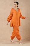 Dori & CO._Orange Embroidery V-neck Tangerine Kurta And Pants Set _Online_at_Aza_Fashions