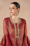 Shop_Dori & CO._Red Tissue, Silk Metallic Thread Round Neck Ruby Kurta And Flared Pants Set _Online_at_Aza_Fashions