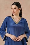 Buy_Dori & CO._Blue Embroidery V-neck Metal Hand Silk Kurta Set _Online_at_Aza_Fashions