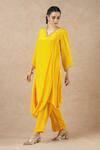 Buy_Dori & CO._Yellow Embroidery V-neck Golden Silk Crepe Kurta And Pants Set _Online_at_Aza_Fashions