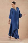 Buy_Dori & CO._Sapphire Embroidery Split V-neck Blue Silk Crepe Kurta And Pants Set _Online_at_Aza_Fashions