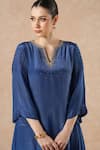 Dori & CO._Sapphire Embroidery Split V-neck Blue Silk Crepe Kurta And Pants Set _at_Aza_Fashions