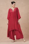 Buy_Dori & CO._Red Embroidery Split V-neck Ruby Silk Crepe Kurta And Pants Set _at_Aza_Fashions