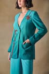 Pocketful Of Cherrie_Teal Cotton, Shantoon Beads Green Palm Tree Embroidered Blazer _at_Aza_Fashions