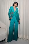 Buy_Pocketful Of Cherrie_Teal Cotton, Shantoon Embroidery Palm Reverie Straight Pants _Online_at_Aza_Fashions