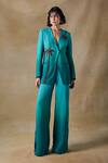 Buy_Pocketful Of Cherrie_Teal Cotton, Shantoon Embroidery Palm Reverie Straight Pants _at_Aza_Fashions