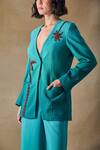 Pocketful Of Cherrie_Teal Cotton, Shantoon Embroidery Palm Reverie Straight Pants _at_Aza_Fashions