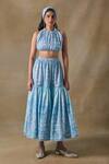 Buy_Pocketful Of Cherrie_Blue Cotton Halter Neck Landscape Gathered Blouse _at_Aza_Fashions
