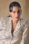Pocketful Of Cherrie_Gold Satin Fabric Flowers Notched Neck Foil 3d Floral Blazer Dress _Online_at_Aza_Fashions