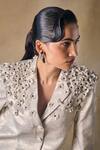 Shop_Pocketful Of Cherrie_Gold Satin Fabric Flowers Notched Neck Foil 3d Floral Blazer Dress _Online_at_Aza_Fashions