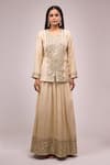 Buy_Samyukta Singhania_Beige Jacquard, Silk Sequins, Embroidery V-neck Lehenga Set With Dupatta _Online_at_Aza_Fashions