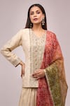 Shop_Samyukta Singhania_Beige Jacquard, Silk Sequins, Embroidery V-neck Lehenga Set With Dupatta _Online_at_Aza_Fashions