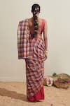 Shop_Dressfolk_Red Cotton Multi Check Saree With Blouse _at_Aza_Fashions