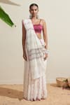 Buy_Dressfolk_White Linen Embroidery Floral Saree Set _at_Aza_Fashions