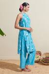 Dressfolk_Aqua Chanderi Embroidery Halter Neck Blue Kurta And Pant Set _Online_at_Aza_Fashions