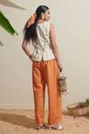 Shop_Dressfolk_Ivory Cotton, Linen Embroidery V-neck And Rust Cotton-linen Waistcoat Pant Set _at_Aza_Fashions