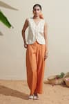 Buy_Dressfolk_Ivory Cotton, Linen Embroidery V-neck And Rust Cotton-linen Waistcoat Pant Set _at_Aza_Fashions