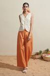 Shop_Dressfolk_Ivory Cotton, Linen Embroidery V-neck And Rust Cotton-linen Waistcoat Pant Set _Online_at_Aza_Fashions