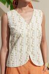 Buy_Dressfolk_Ivory Cotton, Linen Embroidery V-neck And Rust Cotton-linen Waistcoat Pant Set 